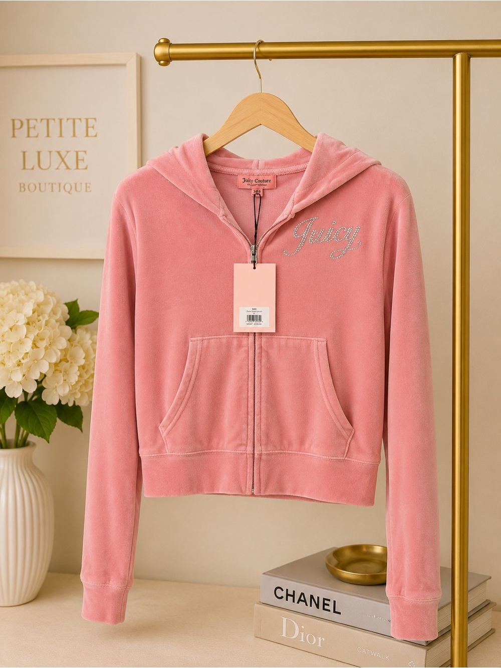 💗 Juicy Couture Rose Pink Velour Hoodie 💗
NWT • Rhinestone Detail • Size Large